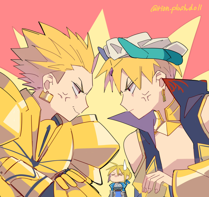 1girl 2boys anger_vein armor armored_dress artoria_pendragon_(fate) blonde_hair blue_dress blue_vest commentary_request crossed_arms dress dual_persona duck11_rp earrings eye_contact fate/grand_order fate_(series) gauntlets gilgamesh gilgamesh_(caster)_(fate) gilgamesh_(fate) gold_armor gold_earrings hair_bun hair_ribbon hat highres jewelry looking_at_another multiple_boys red_eyes ribbon saber_(fate) single_hair_bun smile sweatdrop twintails vest white_hat