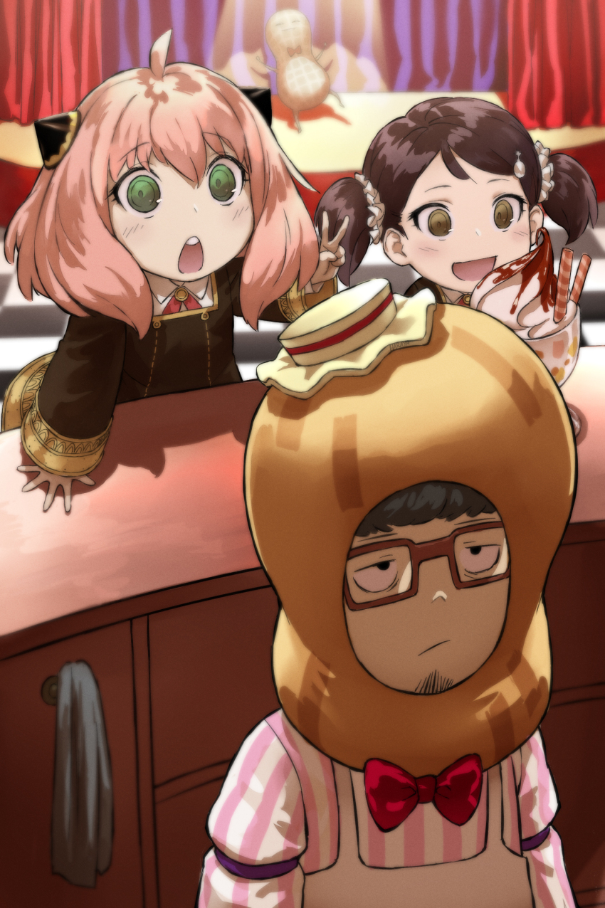1boy 2girls :d :o anya_(spy_x_family) apron becky_blackbell black_hair blush bow brown_eyes commentary curtains eden_academy_school_uniform english_commentary facial_hair food franky_franklin glasses green_eyes hair_ornament hair_scrunchie hairclip hairpods haraya_manawari hat highres ice_cream indoors multiple_girls open_mouth peanut_costume pink_hair cleaning_rag red_bow school_uniform scrunchie shirt short_twintails smile spongebob_squarepants_(series) spy_x_family stage striped_clothes striped_shirt stubble the_spongebob_squarepants_movie twintails v white_scrunchie