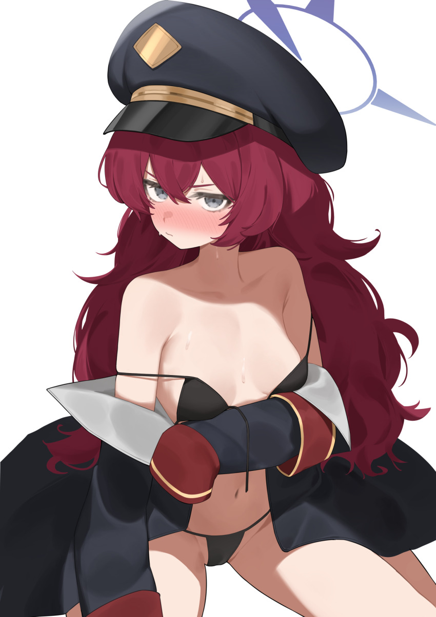 1girl armpit_crease bare_shoulders bikini black_bikini black_coat black_hat blue_archive blush breasts coat double_strap_slip flasso grey_eyes hair_between_eyes halo hat highres iroha_(blue_archive) loli long_hair navel off_shoulder peaked_cap purple_halo red_eyes simple_background sitting small_breasts solo swimsuit wariza white_background