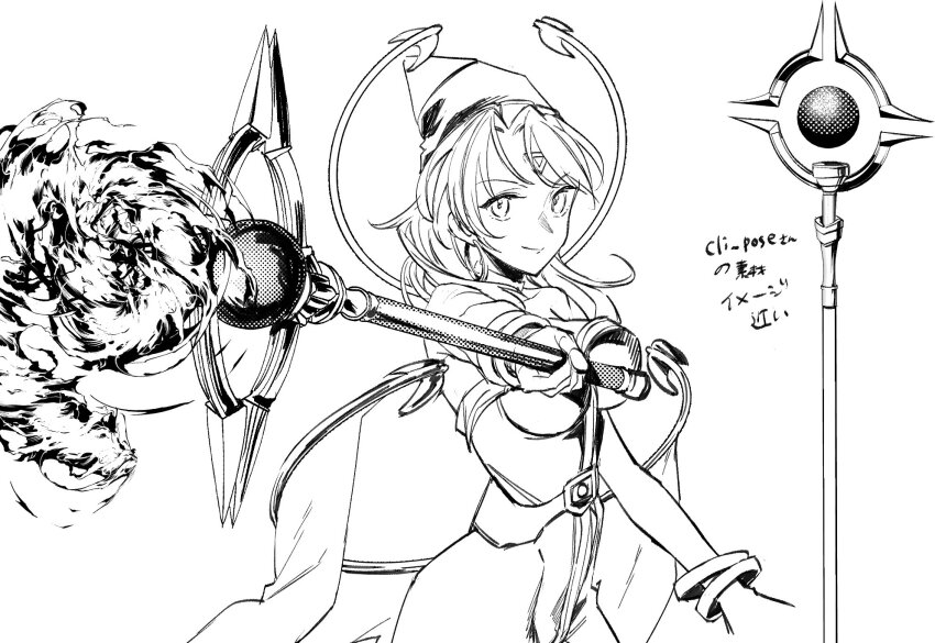 1girl bare_shoulders breasts cape celine_jules closed_mouth detached_cape earrings elbow_gloves gloves greyscale hat highres holding holding_staff jewelry large_breasts long_hair looking_at_viewer medium_breasts monochrome protected_link simple_background smile solo staff star_ocean star_ocean_the_second_story weapon white_background ycco_(estrella)