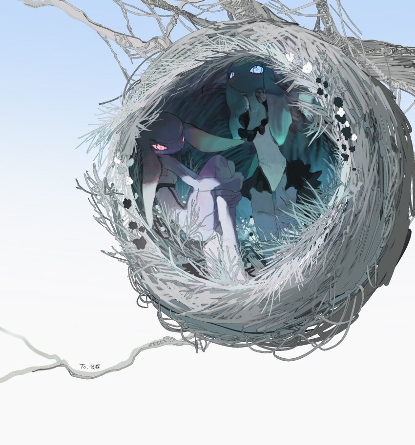 animal_ears blue_background blue_eyes cover gradient_background highres kamikiririp nest original pink_eyes sitting white_background