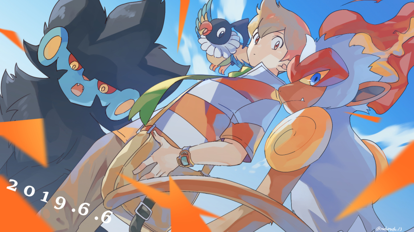 1boy bag barry_(pokemon) blue_eyes blue_sky brown_bag brown_hair chatot colored_sclera dated fang gen_4_pokemon highres infernape luxray nintendo outdoors pokemon pokemon_(creature) pokemon_adventures red_sclera rozu_ki shirt short_sleeves sky striped_clothes striped_shirt watch wristwatch yellow_eyes