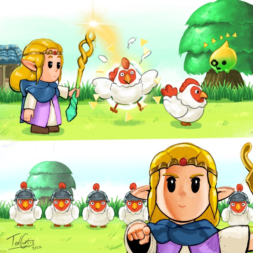 1girl blonde_hair cape cucco grass helmet highres nintendo pointing pointing_at_viewer pointy_ears princess_zelda smile the_legend_of_zelda the_legend_of_zelda:_echoes_of_wisdom tree tri_(zelda) tri_rod