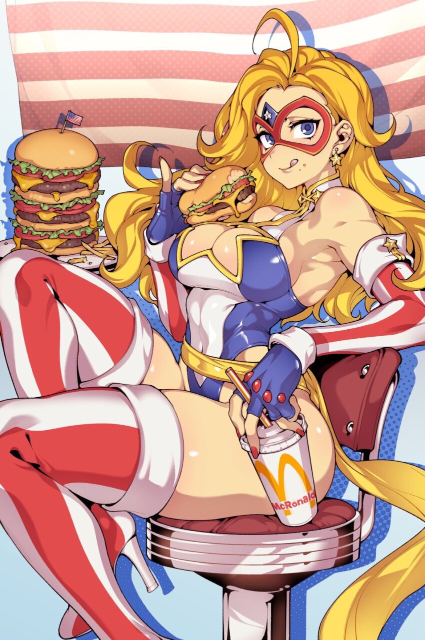 1girl ah68j3 ahoge american_flag american_flag_background american_flag_print bar_stool blonde_hair blue_eyes boots brand_name_imitation breasts burger cheese cleavage clothing_cutout cup disposable_cup domino_mask drinking_straw earrings eating elbow_gloves eye_mask fast_food fingerless_gloves flag_print food french_fries gloves gold_bow highres holding holding_burger holding_food jewelry kamen_america kamen_america_(comic) large_breasts leotard lettuce long_hair looking_at_viewer mask meat on_stool patriotism smile solo star_(symbol) star_cutout star_earrings stool striped_clothes striped_footwear superhero_costume tomato tomato_slice tray vertical-striped_footwear