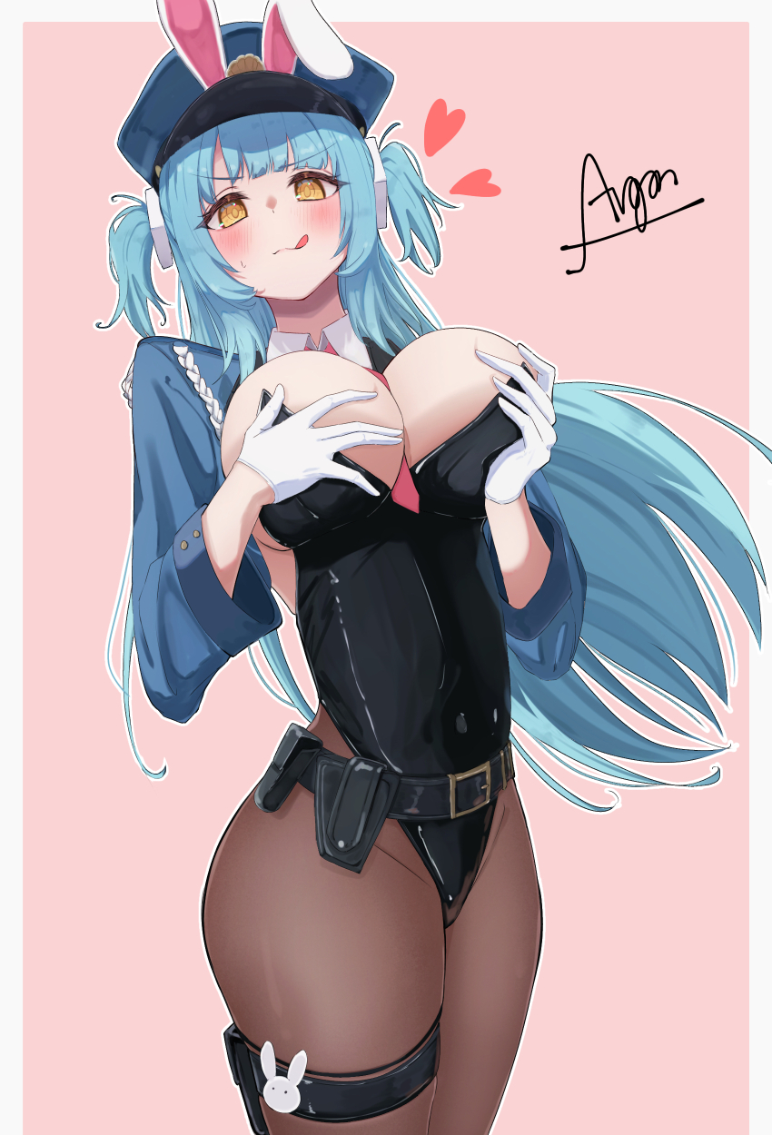 1girl :q absurdres animal_ears argar_demo azur_lane black_leotard black_pantyhose blue_hair blush border breasts fake_animal_ears gloves grabbing_own_breast groin heart highres holster large_breasts leotard looking_at_viewer necktie neptune_(azur_lane) neptune_(officer_bunneptune_is_on_the_case!)_(azur_lane) official_alternate_costume pantyhose pink_background playboy_bunny police red_necktie signature simple_background solo thigh_holster tongue tongue_out two_side_up white_border white_gloves yellow_eyes