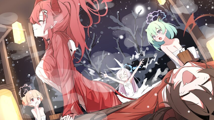 5girls absurdres animal_ears aqua_hair bare_shoulders black_hair blue_archive blue_halo breasts bucket cherino_(blue_archive) cherino_(hot_spring)_(blue_archive) cleavage closed_eyes collarbone demon_girl demon_horns demon_tail fake_facial_hair fake_mustache halo highres horns kasumi_(blue_archive) lantern large_breasts megu_(blue_archive) mmhomm multicolored_halo multiple_girls naked_towel night night_sky nodoka_(blue_archive) nodoka_(hot_spring)_(blue_archive) official_alternate_costume one-piece_swimsuit open_mouth orange_hair orange_halo red_hair red_horns red_shirt same-sex_bathing school_swimsuit shared_bathing shigure_(blue_archive) shigure_(hot_spring)_(blue_archive) shirt sky small_breasts smile splashing star_(sky) starry_sky swimsuit tail towel two-tone_halo weasel_ears weasel_girl wet wet_clothes white_hair white_one-piece_swimsuit