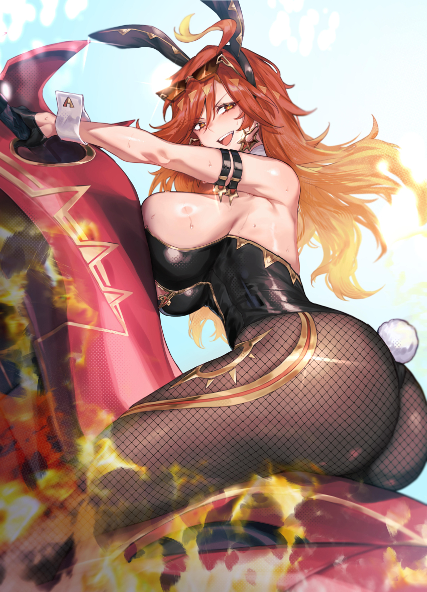 1girl absurdres animal_ears ass black_gloves black_leotard breasts brown_pantyhose detached_collar earrings eyewear_on_head fake_animal_ears fake_tail fishnet_pantyhose fishnets genshin_impact gloves gold_trim highleg highleg_leotard highres jewelry large_breasts leotard long_hair looking_at_viewer mavuika_(genshin_impact) motor_vehicle motorcycle open_mouth pantyhose playboy_bunny rabbit_ears rabbit_tail radishkek red_eyes red_hair smile solo sunglasses tail thighs wrist_cuffs