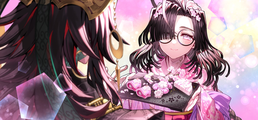 1boy 1girl ahoge blush braid brown_hair coke-bottle_glasses earrings fate/grand_order fate_(series) father_and_daughter floral_print floral_print_kimono flower food game_cg glasses hair_flower hair_ornament hair_over_one_eye hat holding holding_food holding_plate hoop_earrings japanese_clothes jewelry kimono long_hair long_sleeves official_art ono_no_komachi_(fate) ono_no_takamura_(fate) pink_kimono plate print_kimono purple_eyes rainbow_background routo smile third-party_source wagashi