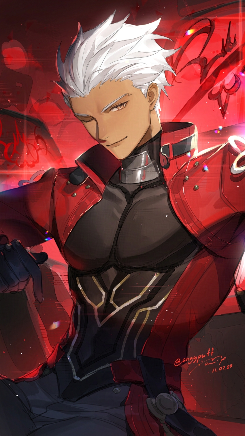 1boy angypuff archer_(fate) archer_(honkai:_star_rail)_(fate) armor artist_name coat crossover dark-skinned_male dark_skin fate/stay_night fate/unlimited_blade_works fate_(series) highres honkai:_star_rail honkai_(series) male_focus red_coat signature solo spiked_hair twitter_username white_hair