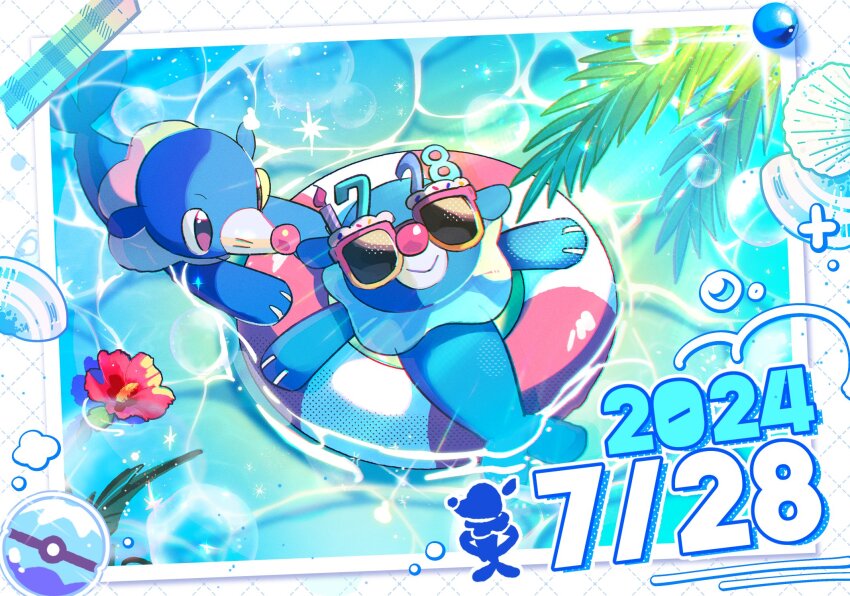 1brad afloat closed_mouth dated dive_ball flower gen_7_pokemon hashtag-only_commentary highres innertube nintendo no_humans poke_ball pokemon pokemon_(creature) popplio smile sunglasses swim_ring water