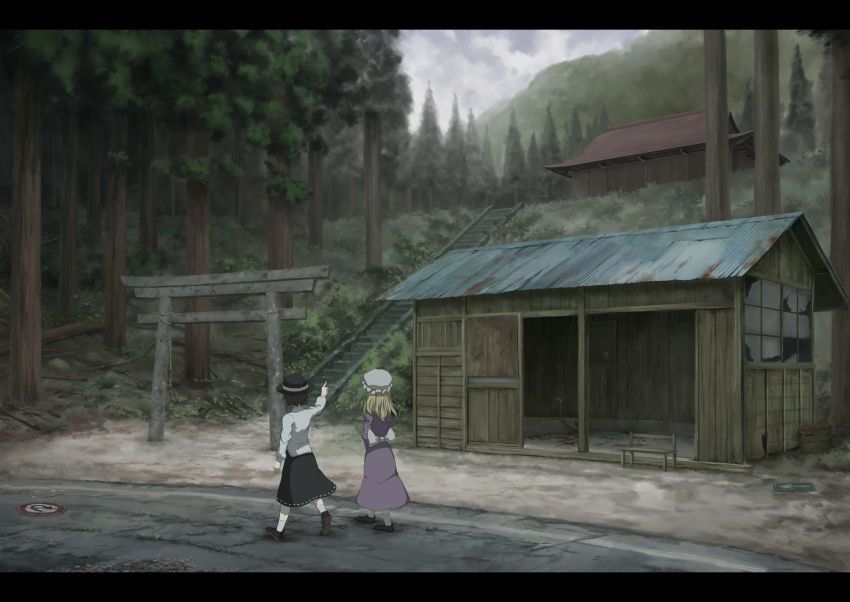 2girls architecture bad_id bad_pixiv_id bench blonde_hair blouse broken_window brown_hair cloud cloudy_sky corrugated_galvanized_iron_sheet dress east_asian_architecture forest from_behind hat highres kneehighs letterboxed long_hair long_sleeves maribel_hearn mountain multiple_girls nature pointing pointing_up purple_dress road ruins rust sasaj scenery shirt short_hair skirt sky socks stairs torii touhou usami_renko walking white_legwear