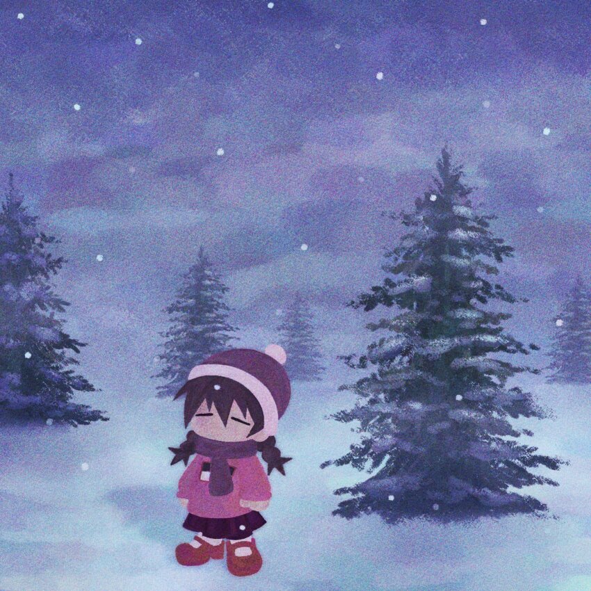 1girl beanie braid brown_hair cryptidhermit full_body hair_between_eyes hat highres long_hair madotsuki mary_janes no_mouth no_nose outdoors pine_tree pink_sweater pleated_skirt pom_pom_(clothes) pom_pom_beanie purple_scarf red_shoes scarf shoes skirt snow snowing solo sweater tree twin_braids yume_nikki