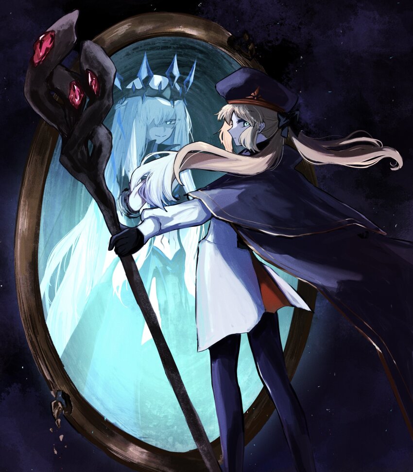 2girls 710_ao absurdres aesc_(fate) belt beret black_bow black_dress black_gloves blonde_hair blue_belt blue_cape blue_cloak blue_eyes blue_headwear bow braid breasts buttons cape capelet cleavage cloak dress fate/grand_order fate_(series) gloves green_eyes hair_bow half_up_braid hat highres holding holding_staff hood hooded_cape large_breasts long_hair long_sleeves looking_at_viewer mage_staff mirror_twins morgan_le_fay_(fate) morgan_le_fay_(queen_of_winter)_(fate) multicolored_cape multicolored_capelet multicolored_cloak multiple_girls navel ornament pantyhose smile staff striped_belt twintails two-sided_cloak two-sided_fabric very_long_hair white_uniform