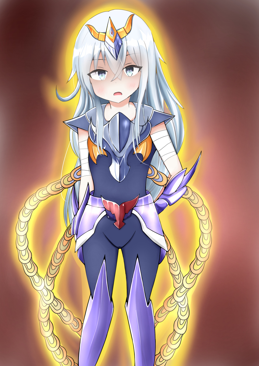 1girl absurdres akaginogenjitsu alternate_costume armor bandages blue_eyes blue_hair cosplay gauntlets headgear hibiki_(kancolle) highres kantai_collection long_hair looking_at_viewer phoenix_ikki saint_seiya saint_seiya_omega solo