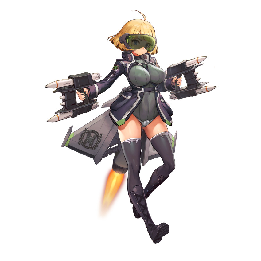 1girl ahoge between_breasts black_boots black_jacket black_thighhighs blonde_hair blue_eyes boots breasts chest_harness closed_mouth crotch_plate eyes_visible_through_eyewear flying full_body game_cg gluteal_fold goggles green_leotard griffon_(last_origin) harness headphones headphones_around_neck highres holding holding_rocket_launcher holding_weapon jacket kakiman knee_boots lace-up_boots large_breasts last_origin leotard looking_at_viewer mechabare official_alternate_color official_art open_clothes open_jacket pocket ribbed_leotard rocket_launcher screen short_hair solo tachi-e thighhighs third-party_source v-shaped_eyebrows weapon