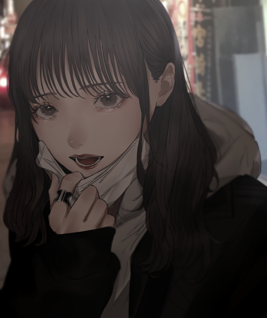 1girl absurdres aegyo_sal black_eyes black_jacket blurry blurry_background brown_hair choppy_bangs commentary_request eyelashes highres hood hood_down hoodie jacket jewelry long_sleeves looking_at_viewer mano_aaa mask mask_pull medium_hair mouth_mask open_mouth original outdoors ring sleeves_past_wrists solo upper_body white_hoodie