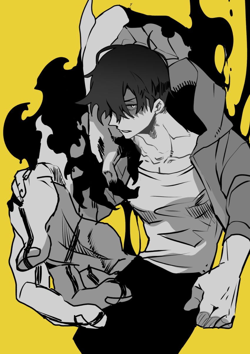 1other black_hair black_pants fire giant_hand hair_between_eyes hand_on_another&#039;s_arm hand_on_another&#039;s_hand highres hiyomon hood jacket looking_at_viewer monochrome open_clothes open_jacket pants shaded_face shirt short_hair simple_background solo_leveling spot_color summoning sung_jin-woo white_eyes yellow_background