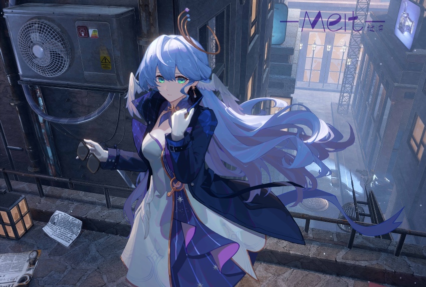 1girl absurdres air_conditioner aqua_eyes artist_name blue_coat blue_hair building cage city closed_mouth coat commentary_request cowboy_shot drain_(object) earrings expressionless floating_hair gloves halo head_wings highres holding holding_removed_eyewear honkai:_star_rail honkai_(series) jewelry lamppost lantern light_blue_hair long_hair long_sleeves looking_at_viewer manhole_cover meirong musical_note_ornament neckerchief newspaper open_clothes open_coat outdoors purple_neckerchief railing reporter road robin_(honkai:_star_rail) sign solo sunglasses truss unworn_eyewear very_long_hair warning_sign white_gloves wings