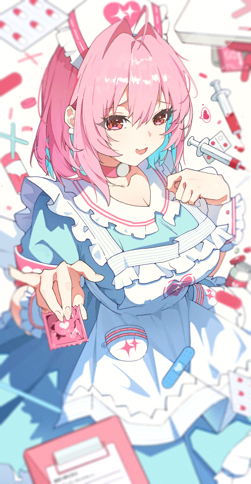 1girl absurdres ahoge apron aqua_dress aqua_hair bandaid blister_pack blurry blurry_foreground blush breasts choker cleavage clipboard collar collarbone colored_inner_hair commentary condom condom_wrapper dress earrings fang fingernails frilled_apron frills hair_between_eyes hair_intakes hat heart heart_print highres holding holding_condom huge_breasts idolmaster idolmaster_cinderella_girls idolmaster_cinderella_girls_starlight_stage jewelry m_kusa medium_hair multicolored_hair nurse_cap official_alternate_costume open_mouth pill pill_bottle pill_earrings pink_choker pink_eyes pink_hair skin_fang smile solo sparkle_print spoken_heart syringe two-tone_hair white_apron white_background white_collar white_hair yumemi_riamu