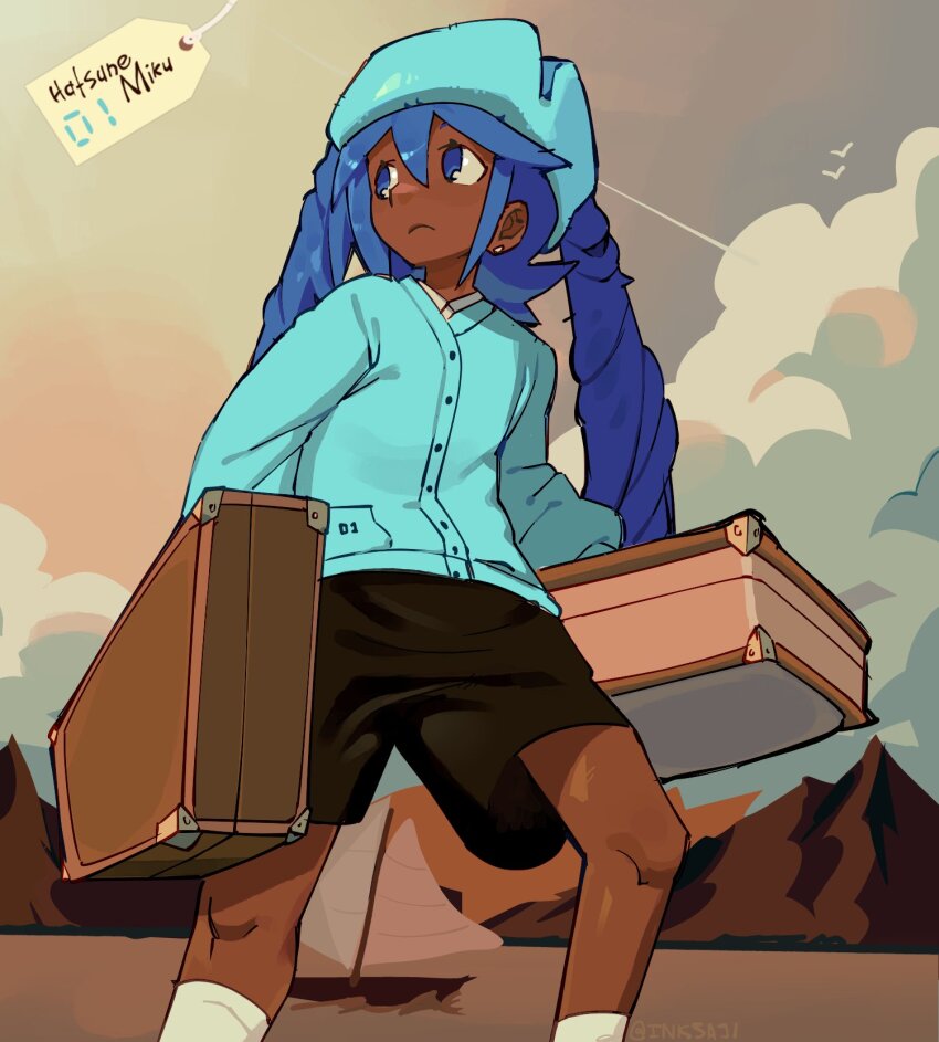 1girl album_cover_redraw aqua_hat aqua_sweater black_shorts blue_eyes blue_hair call_me_if_you_get_lost_(album) cosplay dark-skinned_female dark_skin derivative_work earrings feet_out_of_frame hat hatsune_miku highres holding holding_suitcase inktaru jewelry long_hair long_sleeves mountain outdoors parody shirt shorts socks solo suitcase sweater twintails tyler_the_creator tyler_the_creator_(cosplay) vocaloid white_shirt white_socks