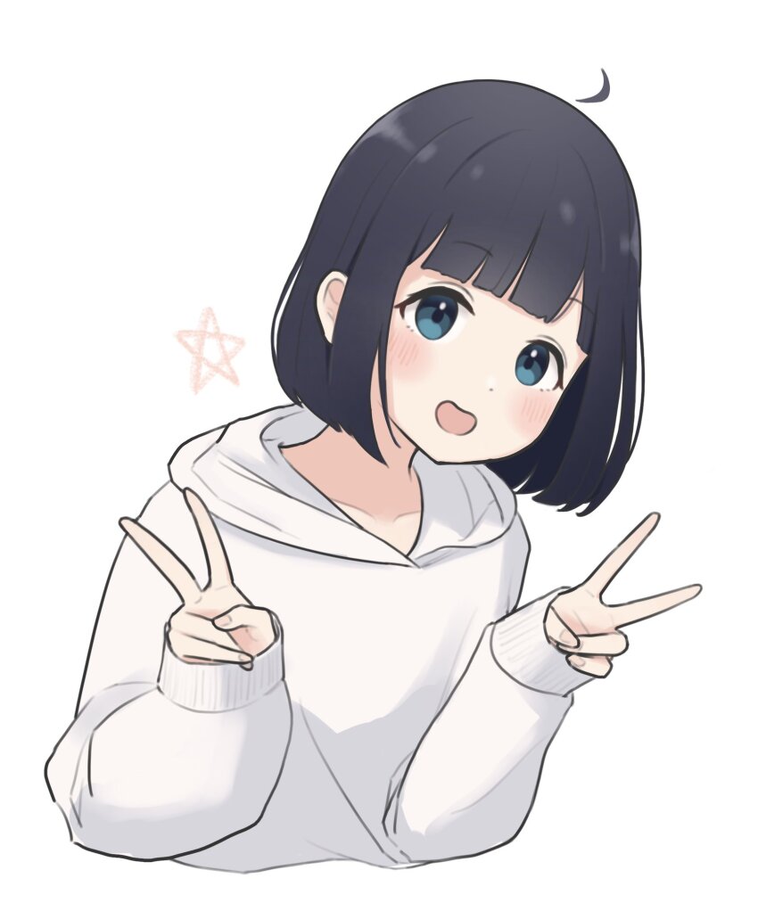 1girl 1ssakawaguchi :d ahoge black_hair blue_eyes blunt_bangs blunt_ends blush bob_cut cropped_torso double_v highres hood hood_down hoodie ichika_(1ssakawaguchi) long_sleeves looking_at_viewer open_mouth original short_hair simple_background sleeves_past_wrists smile solo star_(symbol) v white_background white_hoodie