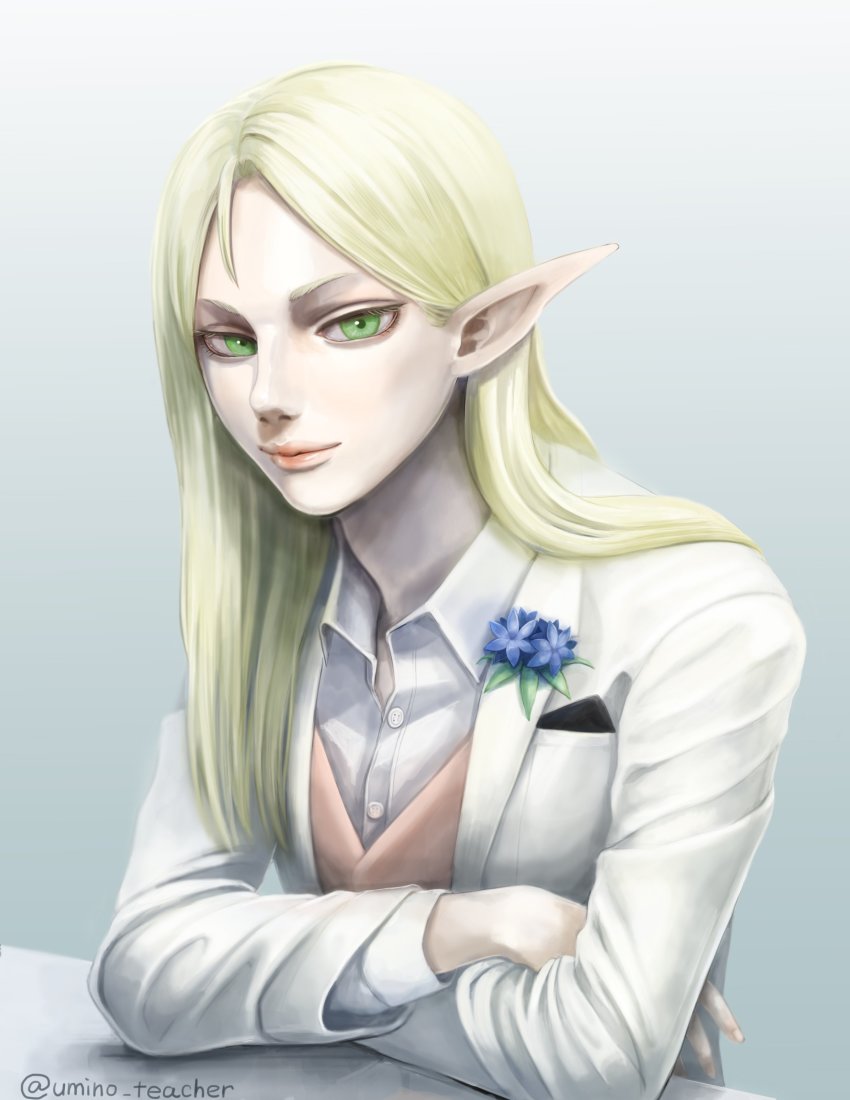 1boy absurdres androgynous bishounen blonde_hair bow bowtie elf erik_burton formal_clothes green_eyes highres long_hair looking_at_viewer male_focus pointy_ears pop-up_story smile solo suit trap tuxedo twitter_username umino_kiri umino_teacher