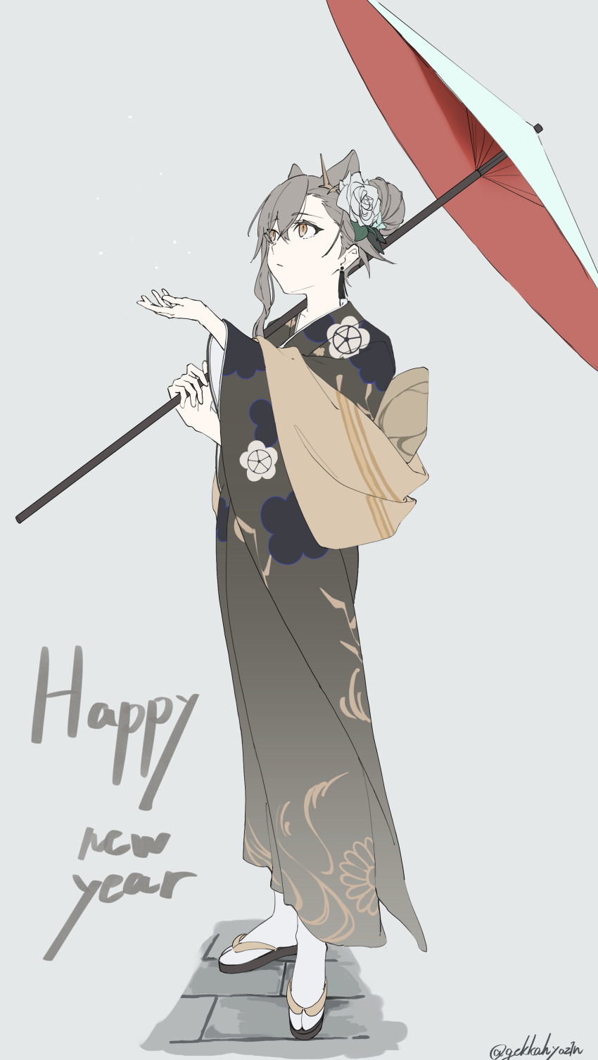 1girl absurdres adesu_(gekkahyouzin) animal_ears arknights black_kimono black_sandals commentary_request earrings flower full_body grey_background grey_flower grey_hair grey_rose hair_between_eyes hair_bun hair_flower hair_ornament hands_up happy_new_year highres holding holding_umbrella japanese_clothes jewelry kimono long_hair long_sleeves new_year oil-paper_umbrella orange_eyes penance_(arknights) rose sandals simple_background socks standing tabi twitter_username umbrella white_socks white_umbrella wide_sleeves zouri
