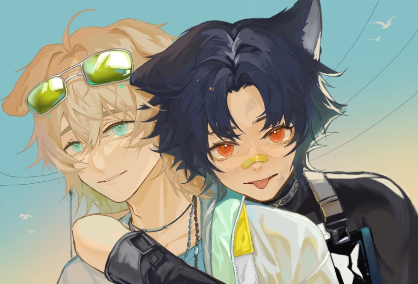 2boys ahoge animal_ears arknights bandage_on_face bandage_on_nose bandages belt bird black_gloves black_hair black_shirt blonde_hair blue_eyes blue_vest blush chinese_commentary closed_mouth collarbone commentary_request dog_boy dog_ears fuyu826097 gloves gradient_sky hair_between_eyes hair_intakes highres hood hood_down hooded_jacket infection_monitor_(arknights) jacket jewelry leaning_to_the_side locked_arms looking_at_viewer male_focus messy_hair multiple_boys multiple_necklaces necklace open_clothes open_jacket open_mouth orange_eyes power_lines shirt single_hair_intake sky smile teeth tequila_(arknights) thick_eyebrows tongue tongue_out turtleneck vest windflit_(arknights)