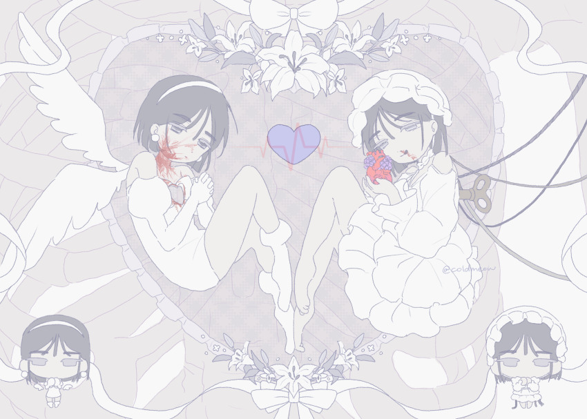 2girls alien_stage barefoot black_hair blood blood_on_face blood_on_neck bonnet cardiogram chibi chinese_commentary coldmeow commentary_request dress dual_persona earrings elbow_gloves flower frilled_dress frills gloves hairband heart highres holding holding_heart jewelry juliet_sleeves licking_blood lily_(flower) long_sleeves multiple_girls puffy_sleeves purple_eyes shoes short_hair signature sphere_earrings sua_(alien_stage) white_bonnet white_dress white_flower white_gloves white_hairband white_lily white_shoes winding_key