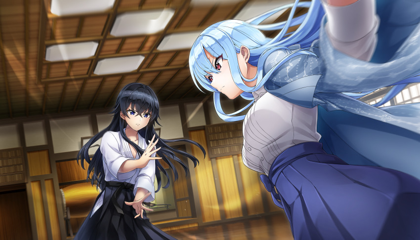 2girls black_hair black_hakama blue_eyes blue_hair blue_skirt breasts crossed_bangs dojo dolphin_wave dougi drum fighting_stance game_cg hagane_otsuki hair_between_eyes hakama highres indoors instrument japanese_clothes large_breasts long_hair looking_at_another martial_arts multiple_girls nayuki_hiori non-web_source official_art ootomo_takuji red_eyes skirt sparring taiko_drum