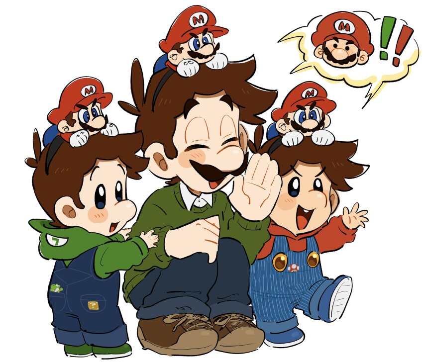 4boys baby_luigi baby_mario blue_eyes blue_overalls brown_hair chibi facial_hair gloves hat highres luigi male_focus mario mario_(series) mimimi_(mimimim9999) multiple_boys mustache nintendo open_mouth overalls shirt short_hair smile white_gloves