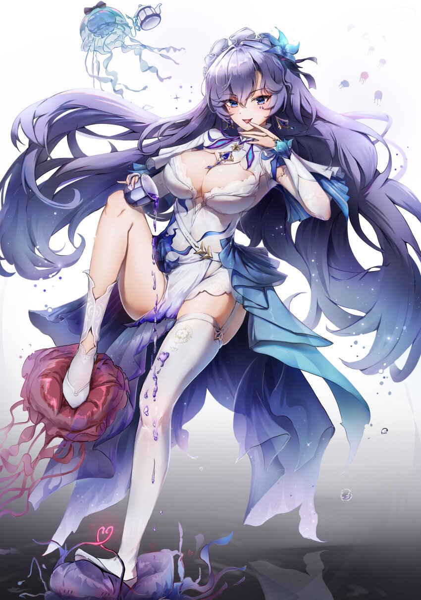 1girl absurdres asymmetrical_legwear blue_eyes blue_flower breasts cantarella_(wuthering_waves) commentary cup dress facial_mark finger_to_tongue flower full_body hair_between_eyes hair_flower hair_ornament hair_spread_out hand_up headdress highres holding holding_cup jellyfish kneehighs large_breasts legwear_cutout long_hair looking_at_viewer mark_under_eye mole mole_under_eye ohbuya pouring purple_hair reflection reflective_water shoes shrug_(clothing) single_kneehigh single_sock single_thighhigh skindentation smile socks solo thighhighs thighs tongue tongue_out uneven_legwear very_long_hair white_dress white_shoes white_shrug white_socks white_thighhighs wuthering_waves
