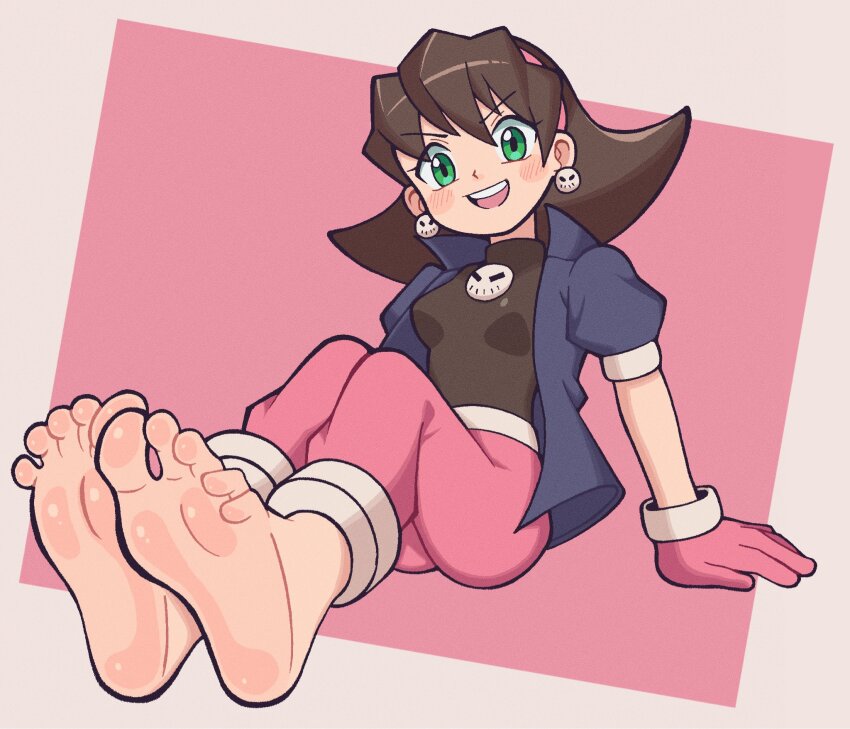 1girl alternate_universe anklet bad_tag baggy_pants barefoot black_bodysuit bodysuit bracelet brown_hair castussan commission earrings gloves green_eyes headband highres jacket jewelry mega_man_(series) mega_man_legends_(series) open_clothes open_jacket open_mouth pants pink_gloves pink_headband pink_pants skull_earrings skull_ornament soles toes tron_bonne_(mega_man) vgen_commission