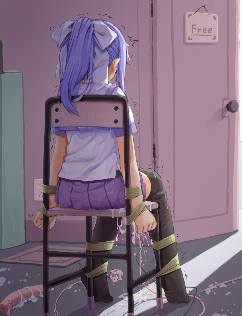 1girl after_rape after_vaginal aftersex bad_id bad_twitter_id bdsm black_thighhighs blue_hair blue_skirt bondage bottomless bound bound_ankles bound_arms bound_legs bound_wrists bow chair cum cum_on_clothes cum_pool cumdrip dildo door egg_vibrator facing_away female_focus from_behind full_body hair_bow hassai highres indoors loli medium_hair object_insertion on_chair original pleated_skirt ponytail pussy_juice pussy_juice_drip pussy_juice_trail restrained sailor_collar school_uniform sex_toy shadow shirt short_sleeves sitting skirt solo stationary_restraints tape thighhighs trembling vibrator white_bow white_shirt