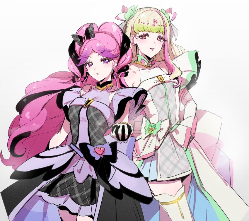 2girls absurdres bare_shoulders black_gloves black_hair blonde_hair blunt_bangs blush boots bracelet braid breasts choker cleavage cure_kiss cure_zukyuun dress earrings elbow_gloves fortissimo frilled_dress frilled_ribbon frilled_skirt frilled_sleeves frills gingham gingham_dress gloves gradient_hair green_hair hair_ornament hair_ribbon hair_wings half_gloves heart-shaped_lock highres holding_hands jewelry kimi_to_idol_precure knee_boots kneehighs long_hair looking_at_viewer meroron_(human_form) multicolored_hair multiple_earrings multiple_girls musical_note musical_note_hair_ornament off_shoulder parted_bangs pearl_earrings pink_hair precure puffy_short_sleeves puffy_sleeves puririn_(human_form) purple_eyes red_eyes ribbon ribbon_choker short_dress short_sleeves skirt sleeveless socks twin_braids twintails upper_body very_long_hair white_gloves wing_hair_ornament wrist_cuffs zuzuko