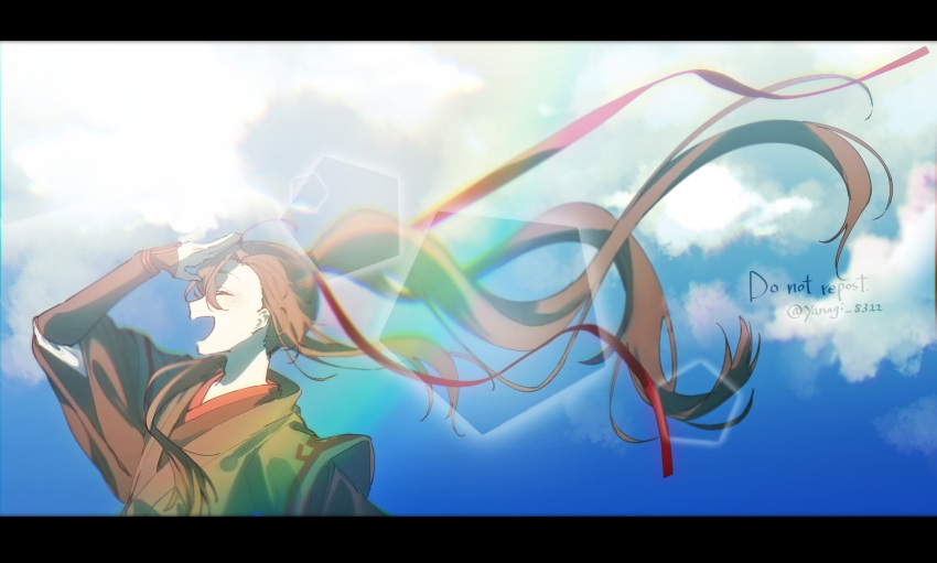 1boy :d absurdres ahoge arm_up black_hanfu blue_sky brown_hair chinese_clothes closed_eyes cloud cloudy_sky day floating_hair from_side gymnasium119 hair_ribbon hand_on_own_head hand_up hanfu highres lens_flare letterboxed long_hair long_sleeves male_focus modao_zushi open_mouth outdoors ponytail profile rainbow red_ribbon ribbon robe sidelocks sky sleeves_past_wrists smile solo twitter_username upper_body very_long_hair watermark wei_wuxian wide_sleeves