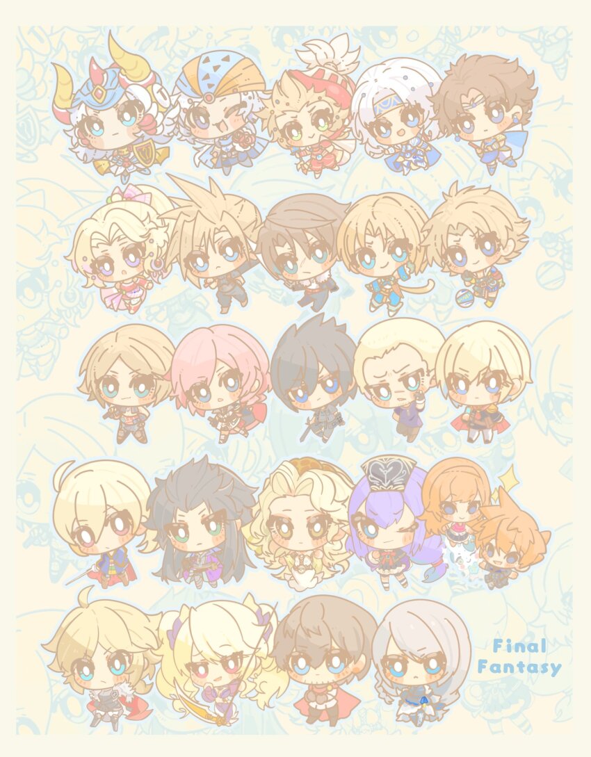 armor bartz_klauser blitzball blonde_hair blue_eyes brown_hair cape cecil_harvey character_request chibi chibi_only clive_rosfield cloud_strife commentary dissidia_final_fantasy english_commentary english_text everyone final_fantasy final_fantasy_i final_fantasy_ii final_fantasy_iii final_fantasy_iv final_fantasy_ix final_fantasy_tactics final_fantasy_type-0 final_fantasy_v final_fantasy_vi final_fantasy_vii final_fantasy_viii final_fantasy_x final_fantasy_xi final_fantasy_xii final_fantasy_xiii final_fantasy_xv final_fantasy_xvi firion headband helmet highres holding holding_sword holding_weapon jack_garland jewelry jill_warrick lann_(world_of_final_fantasy) lasswell lightning_farron long_hair multiple_boys multiple_girls noctis_lucis_caelum onion_knight pants pink_hair ponytail purple_hair ramza_beoulve reynn_(world_of_final_fantasy) shirt simple_background smile squall_leonhart stranger_of_paradise:_final_fantasy_origin sword tidus tina_branford vaan_(ff12) warrior_of_light_(ff1) weapon white_hair world_of_final_fantasy zhale44119 zidane_tribal