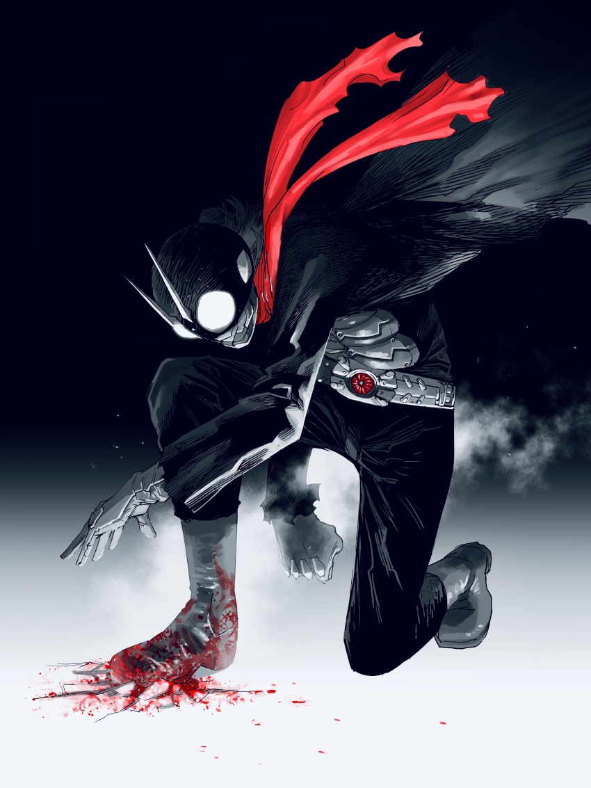 1boy absurdres armor black_background blood blood_on_shoes blood_splatter boots clenched_hand cyborg gloves highres kamen_rider kamen_rider_1 kamen_rider_1_(shin) landing male_focus manabu_yashiro on_one_knee open_hand red_scarf scarf shin_kamen_rider spot_color superhero_landing two-tone_background typhoon_(kamen_rider) white_background white_eyes