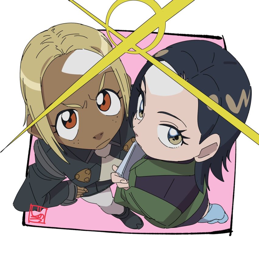 2girls black_hair blonde_hair border brown_eyes commentary_request comoli_harcourt flcl forehead green_jacket grey_eyes gundam gundam_gquuuuuux jacket jinou_rakugaki kitsurubami looking_at_viewer military_uniform mole mole_under_eye multiple_girls outside_border pink_background tan white_border