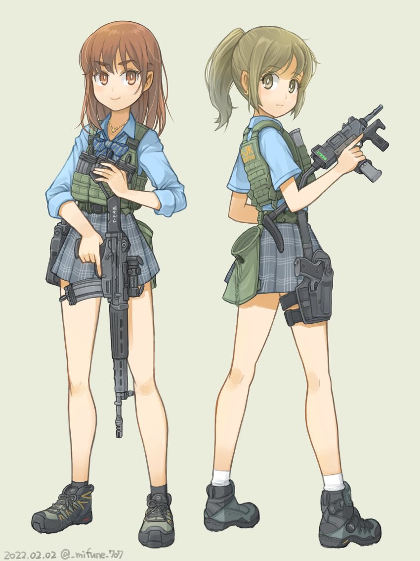 2girls ammunition_pouch assault_rifle belt_pouch blue_shirt boots bow bowtie brown_eyes brown_hair bulletproof_vest closed_mouth commentary_request cross-laced_footwear dated earrings full_body gun heart heart_necklace highres holster holstered jewelry medium_hair mifune_(_mifune_707) multiple_girls necklace original plaid_clothes plaid_skirt pleated_skirt ponytail pouch rifle school_uniform shirt short_sleeves simple_background skirt socks submachine_gun thigh_holster trigger_discipline twitter_username uzi weapon white_socks yellow_background