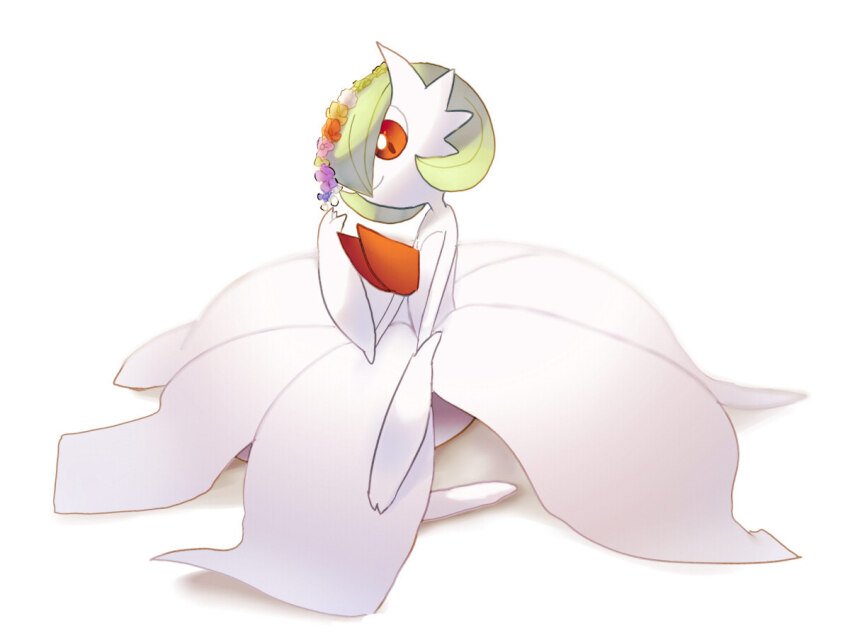 bad_id bad_pixiv_id bob_cut dress elbow_gloves flower flower_wreath gardevoir gen_3_pokemon gloves green_hair mega_gardevoir mega_pokemon nintendo pink_eyes pokemon pokemon_(creature) sitting smile ushiomi white_dress white_gloves