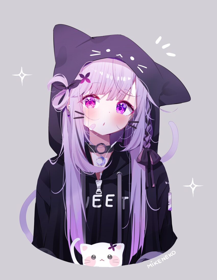 1girl animal_hood bandaid bandaid_on_face blush braid butterfly_earrings cat cat_hood cat_tail character_name choker collar crescent crescent_collar deyui dot_nose ear_piercing earrings gradient_hair grey_background hair_ornament hair_ribbon headphones heterochromia highres hood hoodie indie_virtual_youtuber jewelry long_hair looking_at_viewer mikeneko_(vtuber) mikeneko_(vtuber)_(2nd_costume) multicolored_hair niconico o-ring o-ring_choker official_alternate_costume official_alternate_hair_color official_alternate_hairstyle open_mouth piercing pink_eyes portrait purple_eyes purple_hoodie purple_ribbon purple_tail ribbon simple_background solo sparkle star_(symbol) star_in_eye symbol_in_eye tail virtual_youtuber white_cat x_hair_ornament zipper_pull_tab