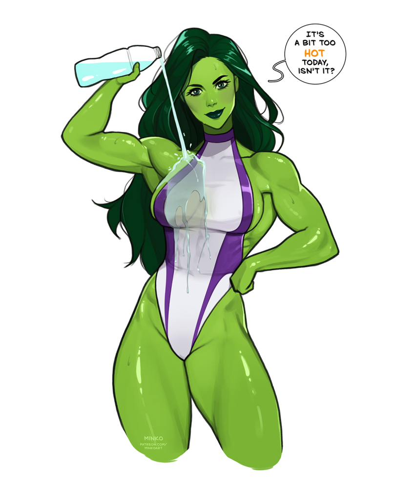 1girl abs animification breasts cleavage colored_skin gloves green_eyes green_hair green_skin highres jennifer_walters leotard long_hair looking_at_viewer marvel muscular muscular_female olena_minko she-hulk smile solo superhero_costume