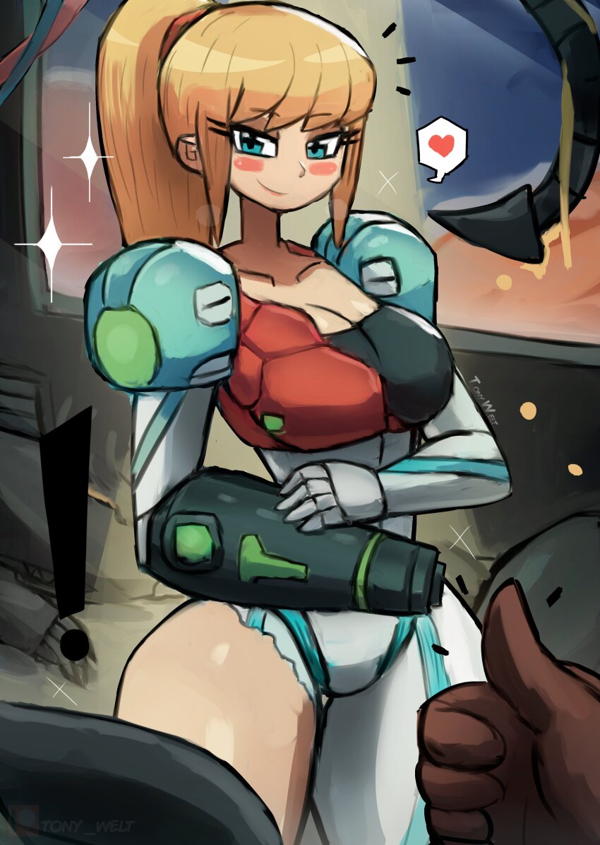 ! 1girl absurdres arm_cannon armor blonde_hair blue_eyes blush breasts gun heart highres large_breasts long_hair looking_at_viewer metroid metroid_dread nintendo normal_suit_(metroid) ponytail power_armor power_suit_(metroid) ridley samus_aran smile sparkle speech_bubble spoken_heart tony_welt torn_clothes underwear weapon window