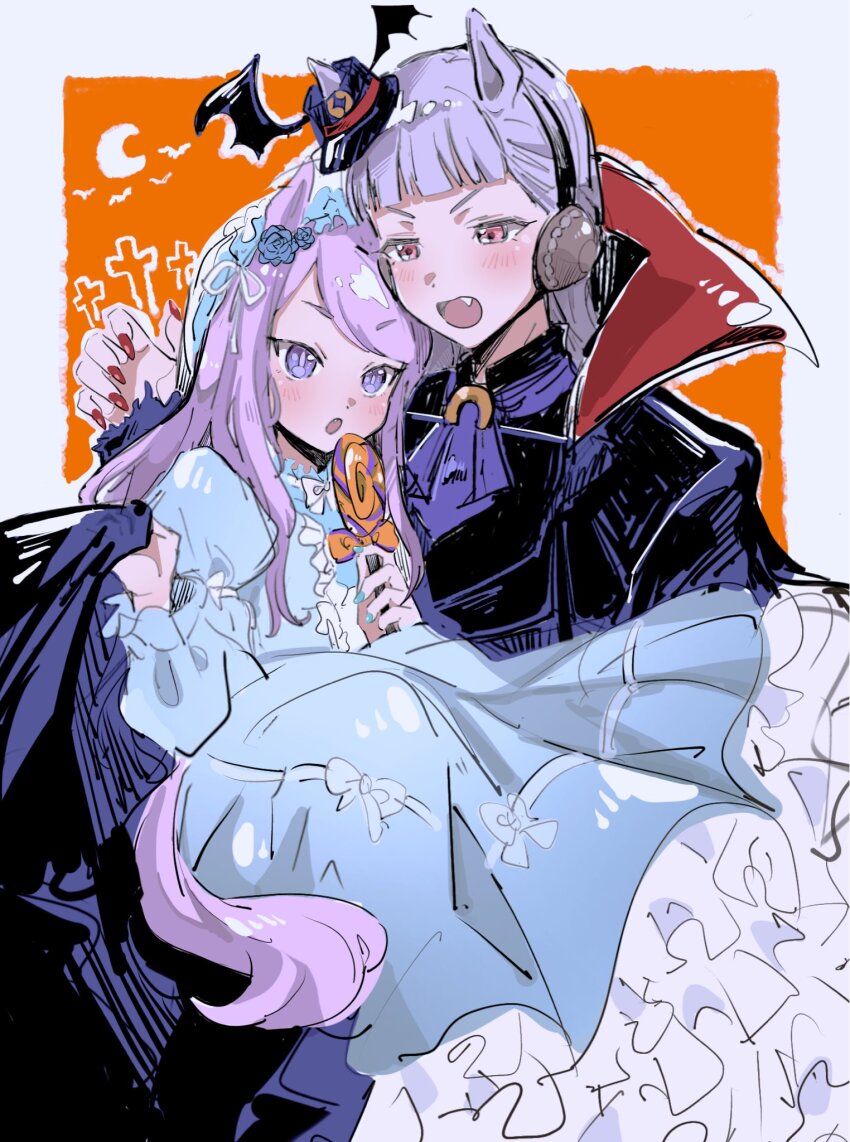 2girls alternate_costume an_(tmso_ntm) animal_ears ascot bat_(animal) black_cape black_jacket black_suit blue_dress blue_veil blunt_bangs blush breasts candy cape carrying carrying_person crescent_moon dress ears_through_headwear fang flower food formal_clothes gold_ship_(umamusume) grey_hair hair_flower hair_ornament halloween halloween_costume hat highres holding holding_candy holding_food holding_lollipop horse_ears horse_girl horse_tail jacket lollipop long_hair long_sleeves mejiro_mcqueen_(umamusume) mini_hat moon multiple_girls open_mouth popped_collar princess_carry purple_ascot purple_eyes purple_hair red_nails suit swirl_lollipop tail umamusume veil wing_hat_ornament