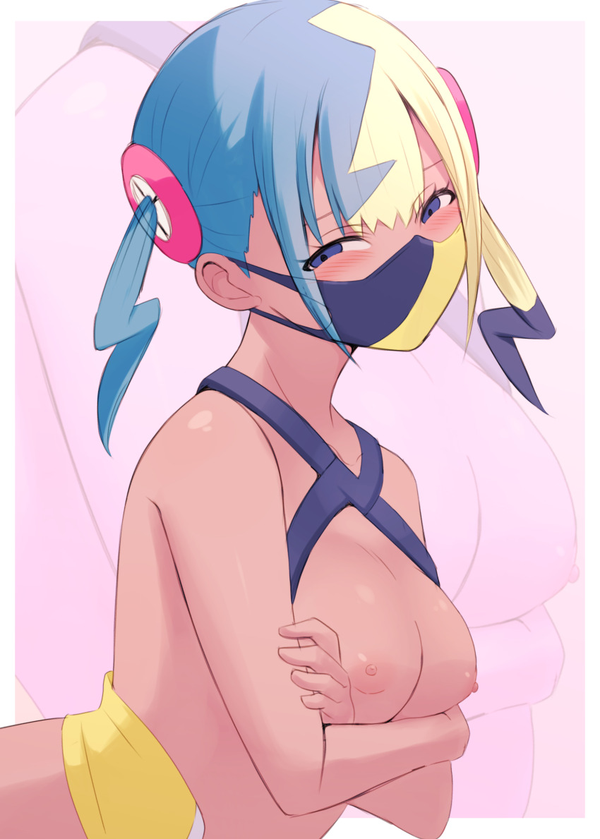 1girl absurdres arms_under_breasts blonde_hair blue_eyes blue_hair blush breasts canari_(pokemon) character_hair_ornament clothes_pull crossed_arms dark-skinned_female dark_skin hair_ornament highres lelie_(lelie_link) looking_at_viewer mask medium_breasts mouth_mask multicolored_hair nintendo nipples pokemon pokemon_legends:_z-a shirt_pull short_twintails solo split-color_hair twintails two-tone_hair upper_body
