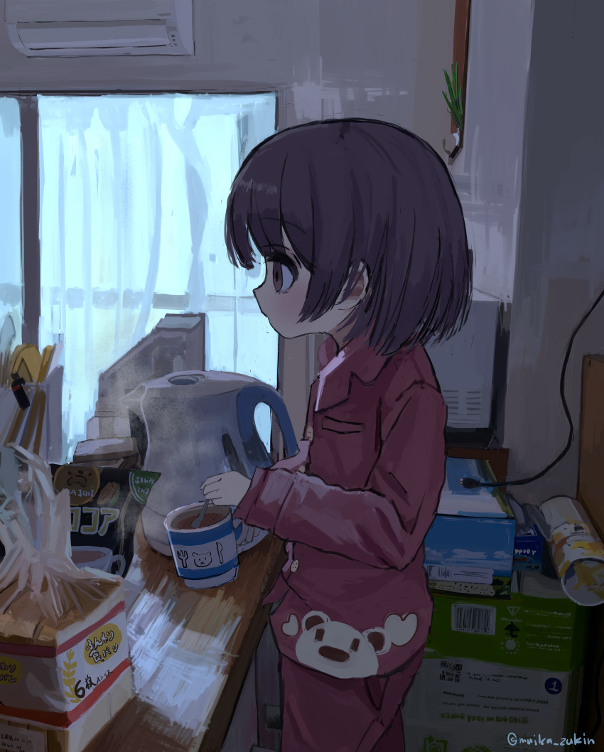1girl absurdres air_conditioner balcony bread bread_slice brown_eyes food highres hot_chocolate indoors morning original pajamas pink_pajamas purple_hair scenery short_hair slice_of_life solo table toast wanigumo winter wooden_table