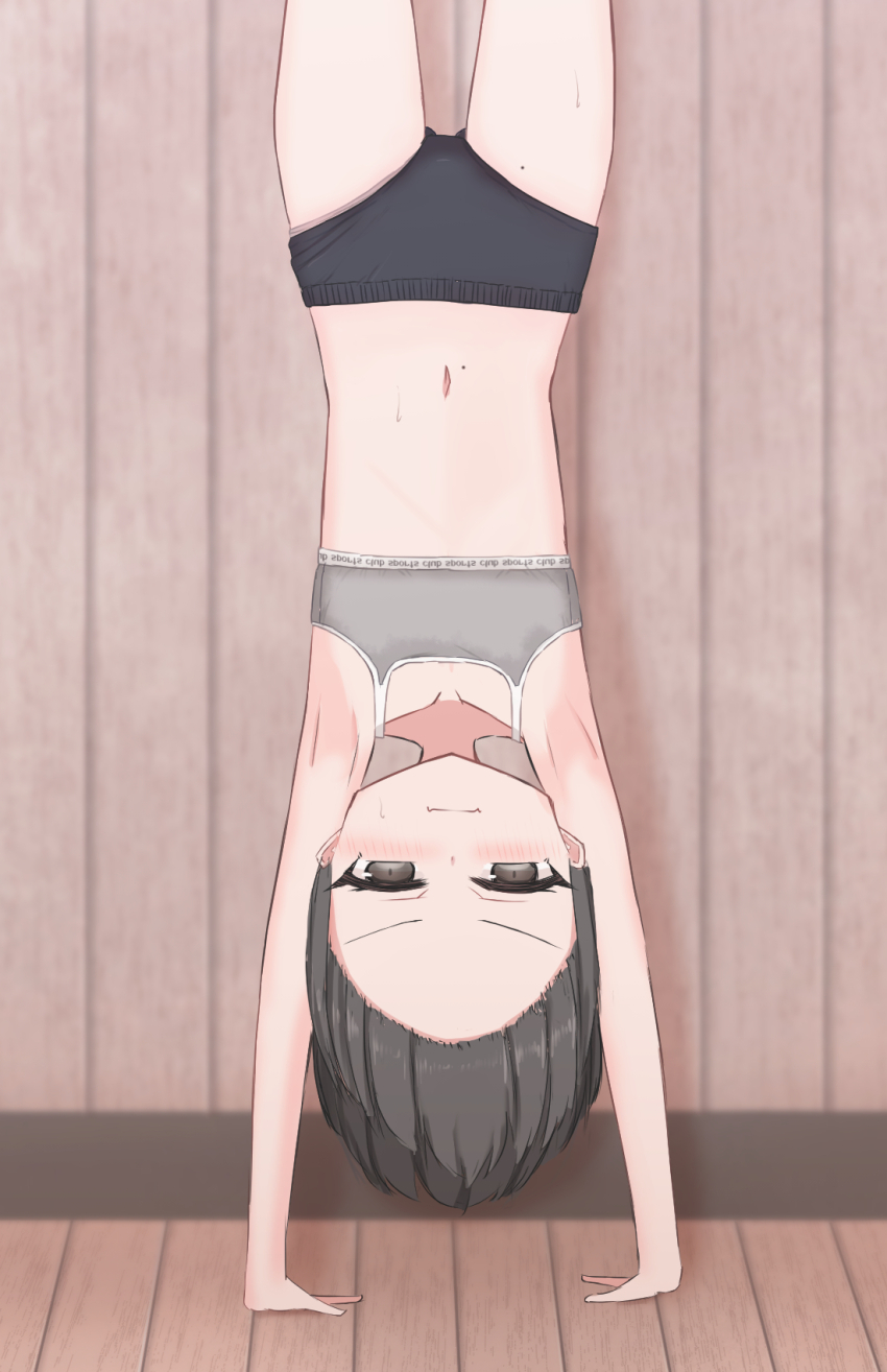 1girl black_buruma black_eyes black_hair blush buruma clothes_writing collarbone flat_chest grey_panties grey_sports_bra gym_uniform handstand highres loli looking_at_viewer mole mole_on_stomach mole_on_thigh navel original panties panty_peek shooko short_hair sports_bra sweat underwear