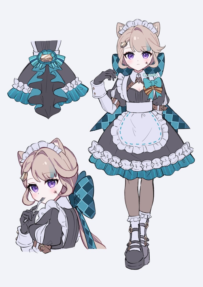 1girl alternate_costume animal_ears apron arm_behind_back black_dress black_gloves black_shoes blue_bow blush bow cat_ears commentary_request dress enmaided facial_mark fork frilled_apron frilled_hairband frills full_body genshin_impact gloves grey_hair hair_bow hairband hand_up highres holding holding_fork huge_bow long_hair long_sleeves looking_at_viewer lynette_(genshin_impact) maid maid_headdress multiple_views parted_lips purple_eyes shoes sikaku simple_background standing star_(symbol) star_facial_mark twitter_username utensil_in_mouth very_long_hair white_apron white_background white_hairband