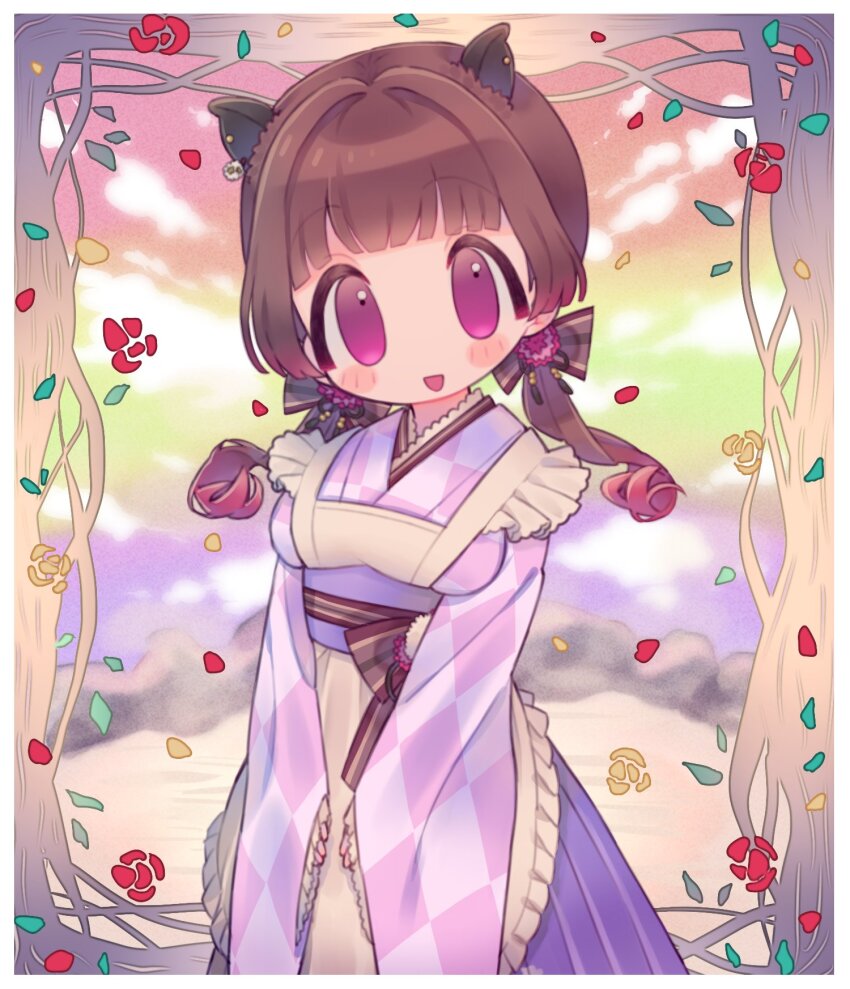 1girl animal_ears animare blush_stickers border brown_hair capybara_ears capybara_girl hair_ribbon highres long_sleeves low_twintails maid nanashi_inc. no_nose open_mouth petals pink_eyes ribbon sleeves_past_wrists twintails upper_body virtual_youtuber wa_maid white_border wide_sleeves yunohara_izumi zudzuki